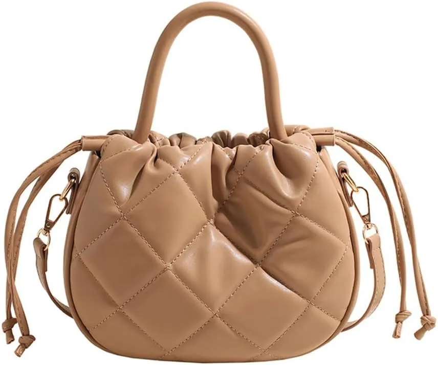 Quilted Drawstring Bucket Bag Small Leather Crossbody Bucket Handbag and Purse Hobo Bucket Tote Bag