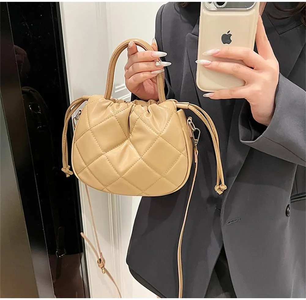 Quilted Drawstring Bucket Bag Small Leather Crossbody Bucket Handbag and Purse Hobo Bucket Tote Bag