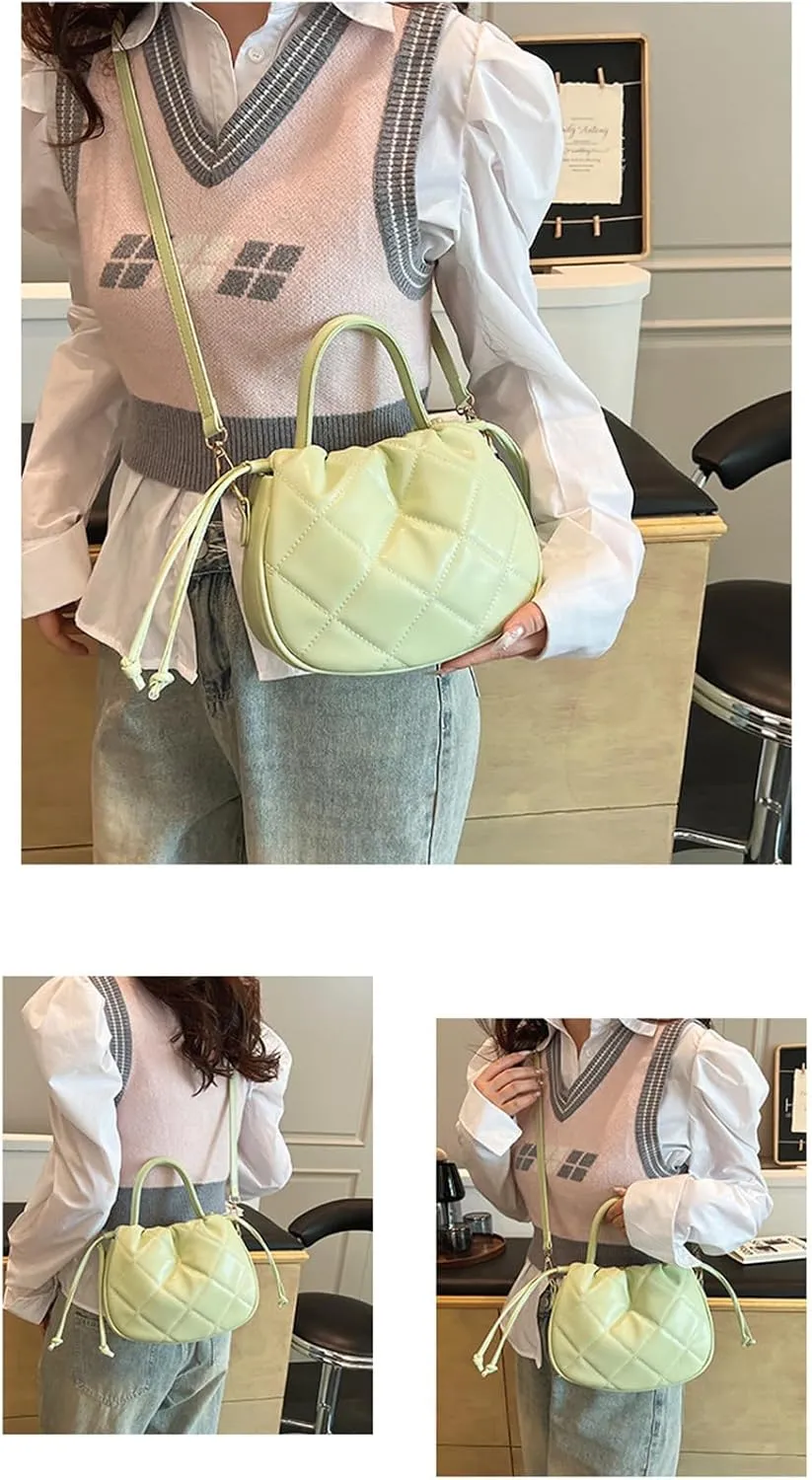 Quilted Drawstring Bucket Bag Small Leather Crossbody Bucket Handbag and Purse Hobo Bucket Tote Bag