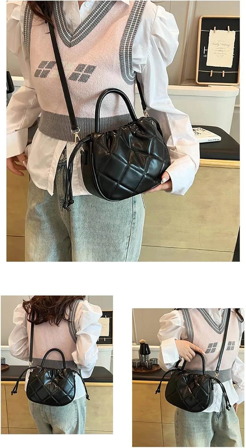 Quilted Drawstring Bucket Bag Small Leather Crossbody Bucket Handbag and Purse Hobo Bucket Tote Bag