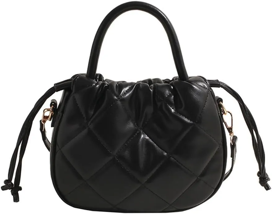 Quilted Drawstring Bucket Bag Small Leather Crossbody Bucket Handbag and Purse Hobo Bucket Tote Bag