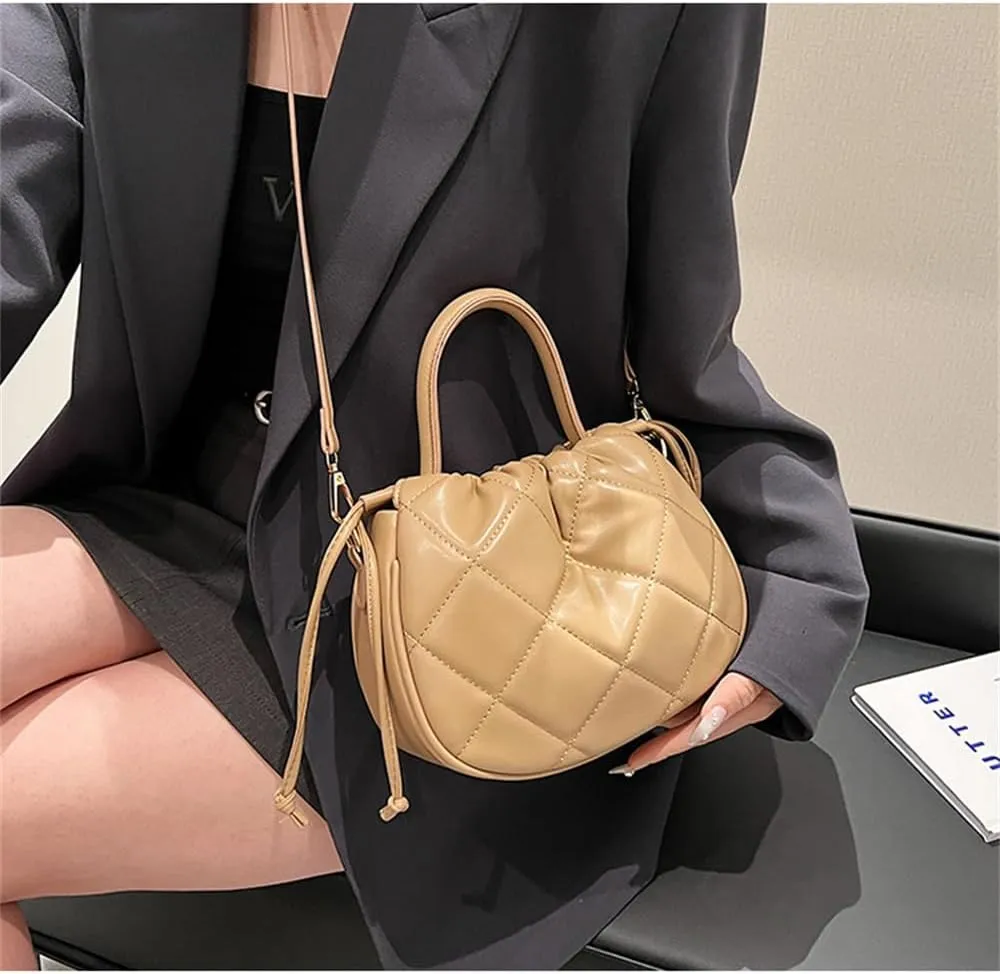 Quilted Drawstring Bucket Bag Small Leather Crossbody Bucket Handbag and Purse Hobo Bucket Tote Bag