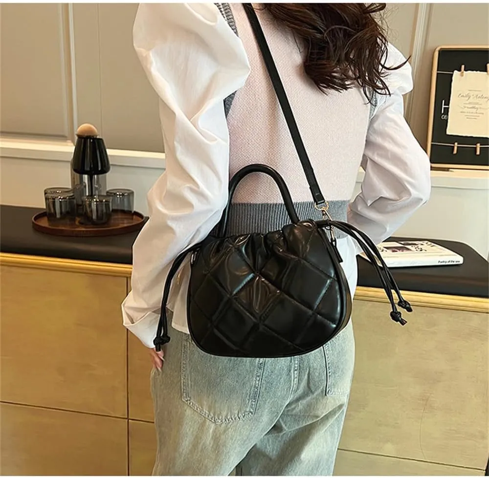 Quilted Drawstring Bucket Bag Small Leather Crossbody Bucket Handbag and Purse Hobo Bucket Tote Bag