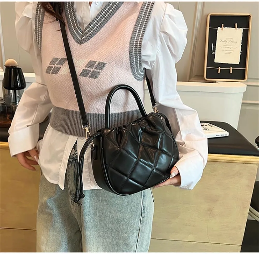 Quilted Drawstring Bucket Bag Small Leather Crossbody Bucket Handbag and Purse Hobo Bucket Tote Bag