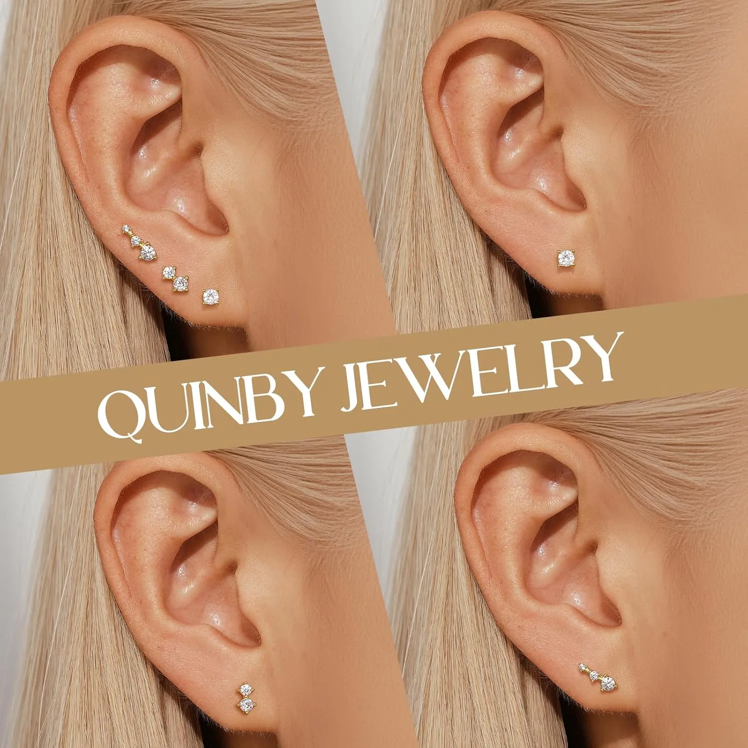 QUINBY Earrings For Women Trendy 14k Gold Plated Stud Earrings Set Hypoallergenic Cartilage Stud Earring Cubic Zirconia Sterling Silver Earring Set For Multiple Piercing