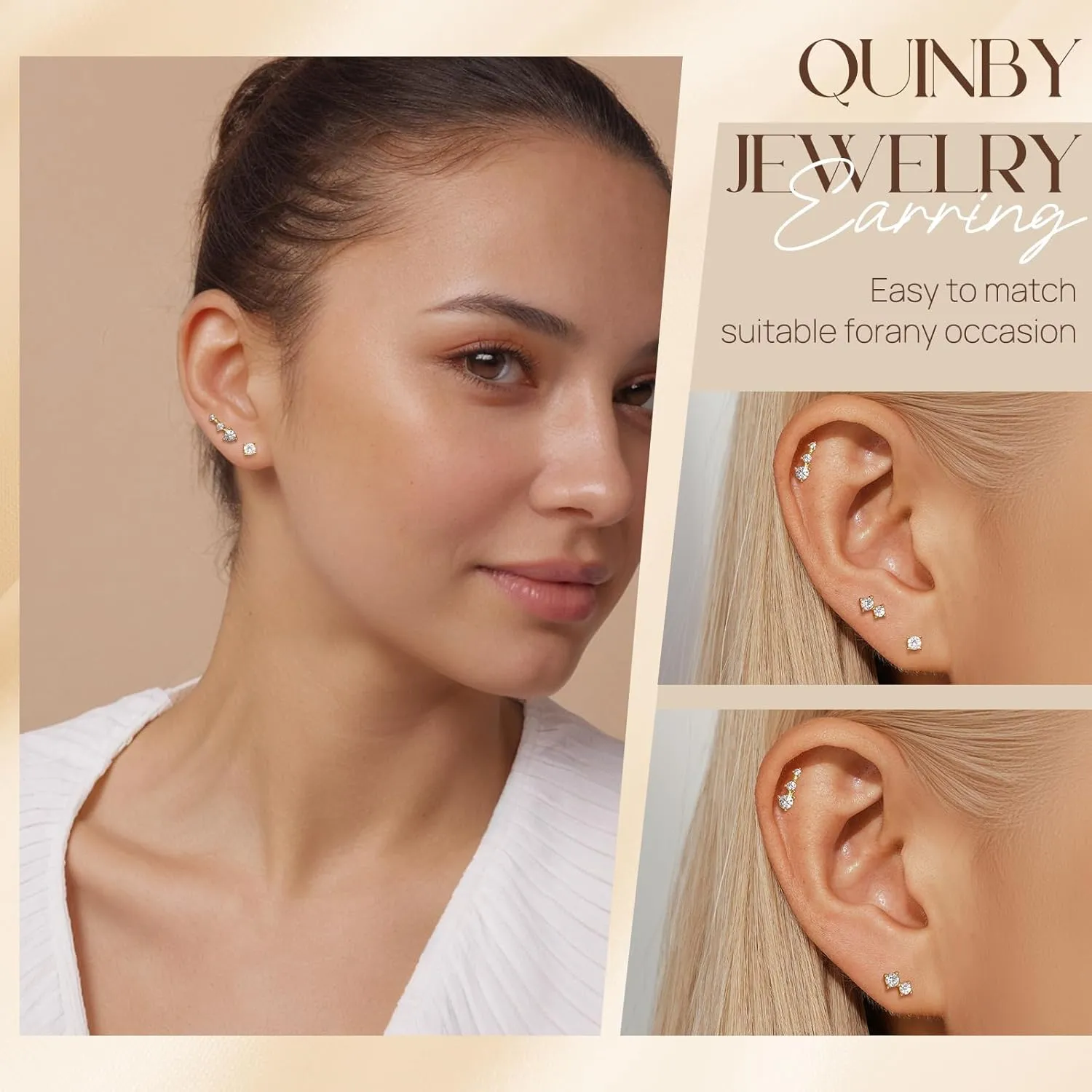 QUINBY Earrings For Women Trendy 14k Gold Plated Stud Earrings Set Hypoallergenic Cartilage Stud Earring Cubic Zirconia Sterling Silver Earring Set For Multiple Piercing