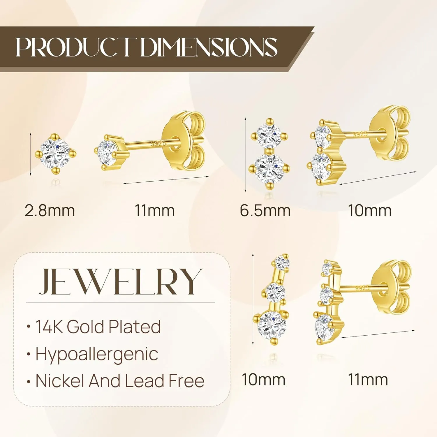 QUINBY Earrings For Women Trendy 14k Gold Plated Stud Earrings Set Hypoallergenic Cartilage Stud Earring Cubic Zirconia Sterling Silver Earring Set For Multiple Piercing