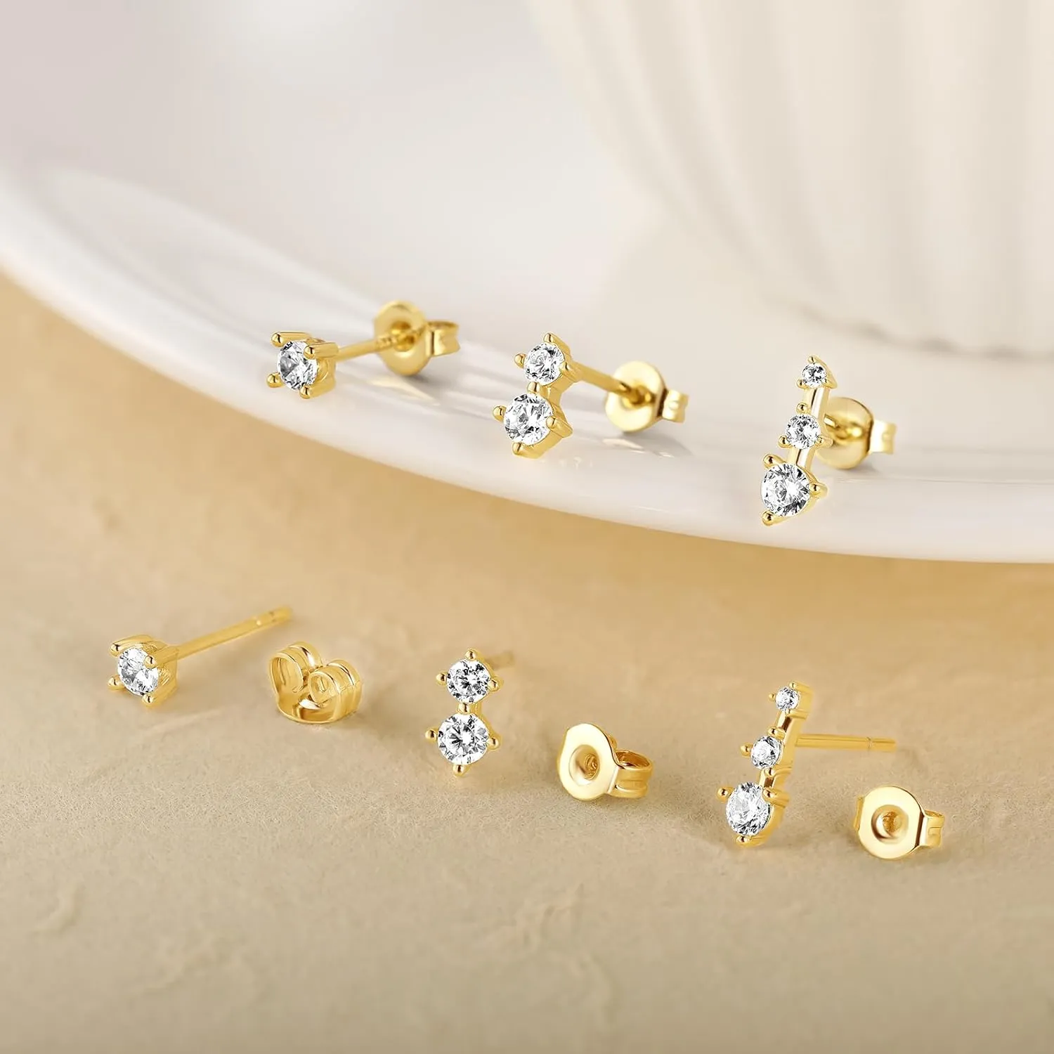 QUINBY Earrings For Women Trendy 14k Gold Plated Stud Earrings Set Hypoallergenic Cartilage Stud Earring Cubic Zirconia Sterling Silver Earring Set For Multiple Piercing