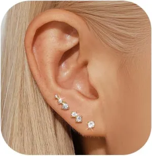 QUINBY Earrings For Women Trendy 14k Gold Plated Stud Earrings Set Hypoallergenic Cartilage Stud Earring Cubic Zirconia Sterling Silver Earring Set For Multiple Piercing