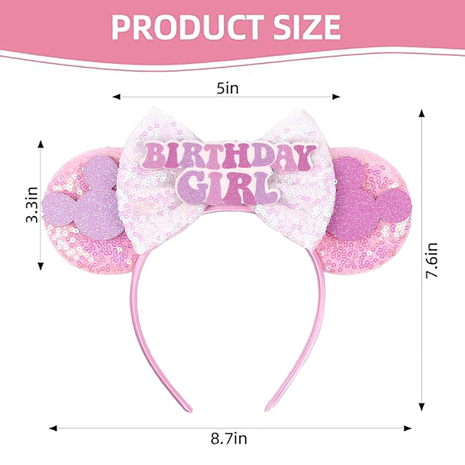 RAZKO Pink Minnie Ears Hair Accessory, Mouse Headband for Women Girls (Birthday Girl-Pink M)