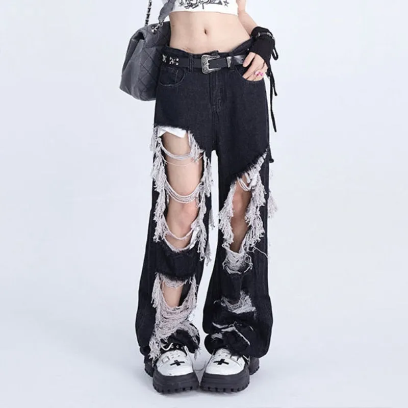 'Recall' Black Grunge Ripped Tassel Pants