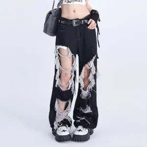 'Recall' Black Grunge Ripped Tassel Pants