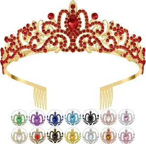Red Crown Crystal Tiaras for Women Rhinestone Headbands for Girl Happy Birthday Princess Goddess Crown with Combs Elegant Headdress Decorations Bridal Wedding Prom Party Costumes Gift