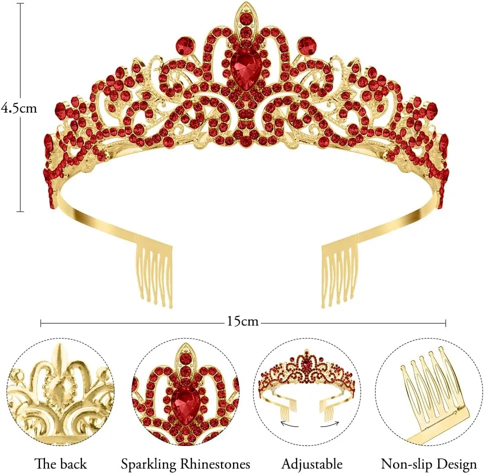 Red Crown Crystal Tiaras for Women Rhinestone Headbands for Girl Happy Birthday Princess Goddess Crown with Combs Elegant Headdress Decorations Bridal Wedding Prom Party Costumes Gift