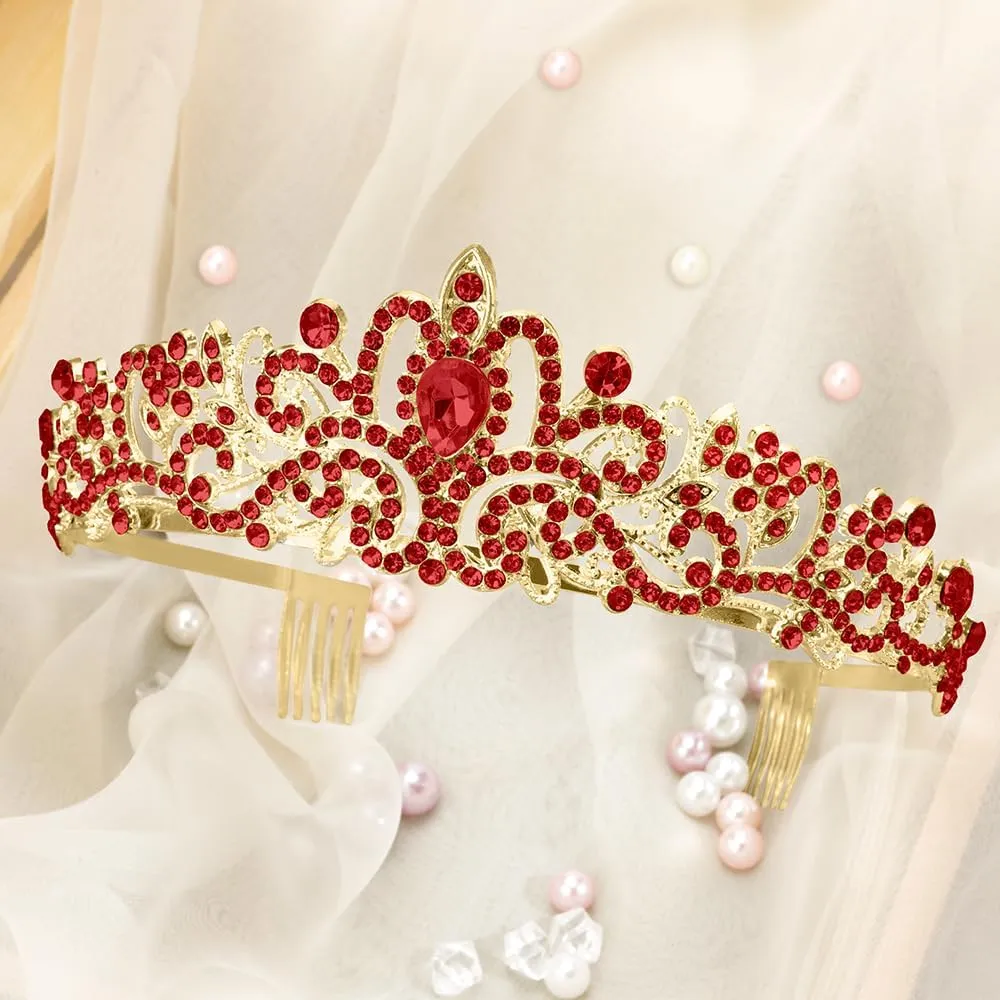 Red Crown Crystal Tiaras for Women Rhinestone Headbands for Girl Happy Birthday Princess Goddess Crown with Combs Elegant Headdress Decorations Bridal Wedding Prom Party Costumes Gift