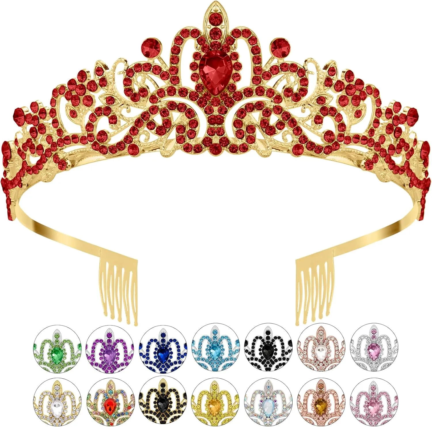 Red Crown Crystal Tiaras for Women Rhinestone Headbands for Girl Happy Birthday Princess Goddess Crown with Combs Elegant Headdress Decorations Bridal Wedding Prom Party Costumes Gift