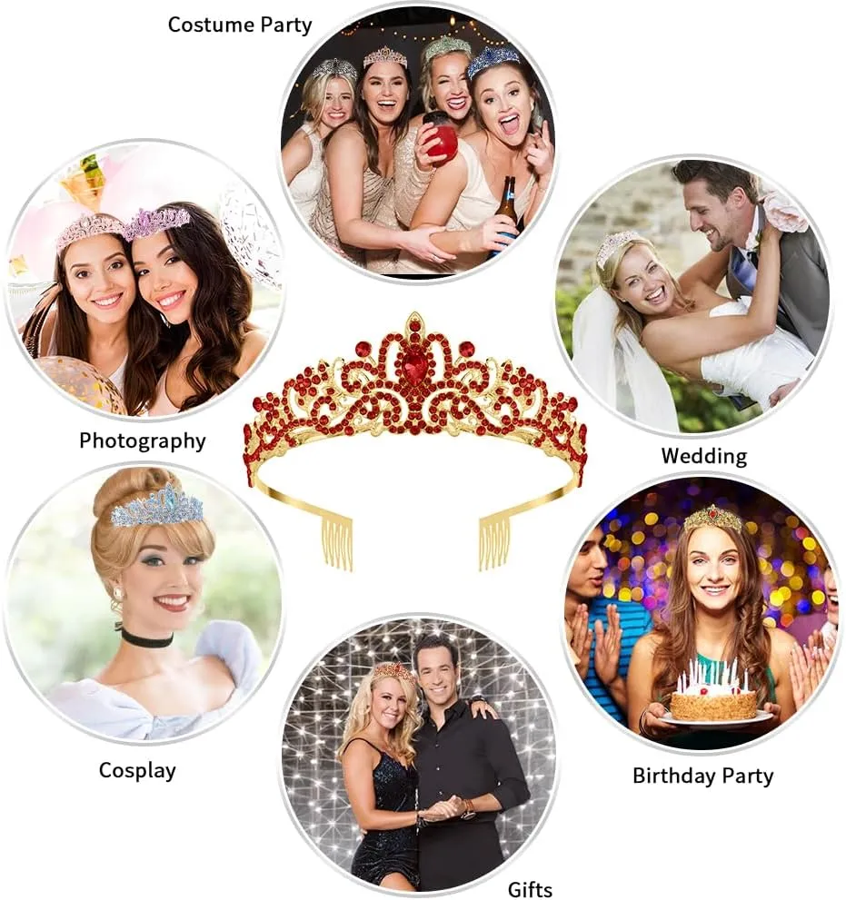 Red Crown Crystal Tiaras for Women Rhinestone Headbands for Girl Happy Birthday Princess Goddess Crown with Combs Elegant Headdress Decorations Bridal Wedding Prom Party Costumes Gift