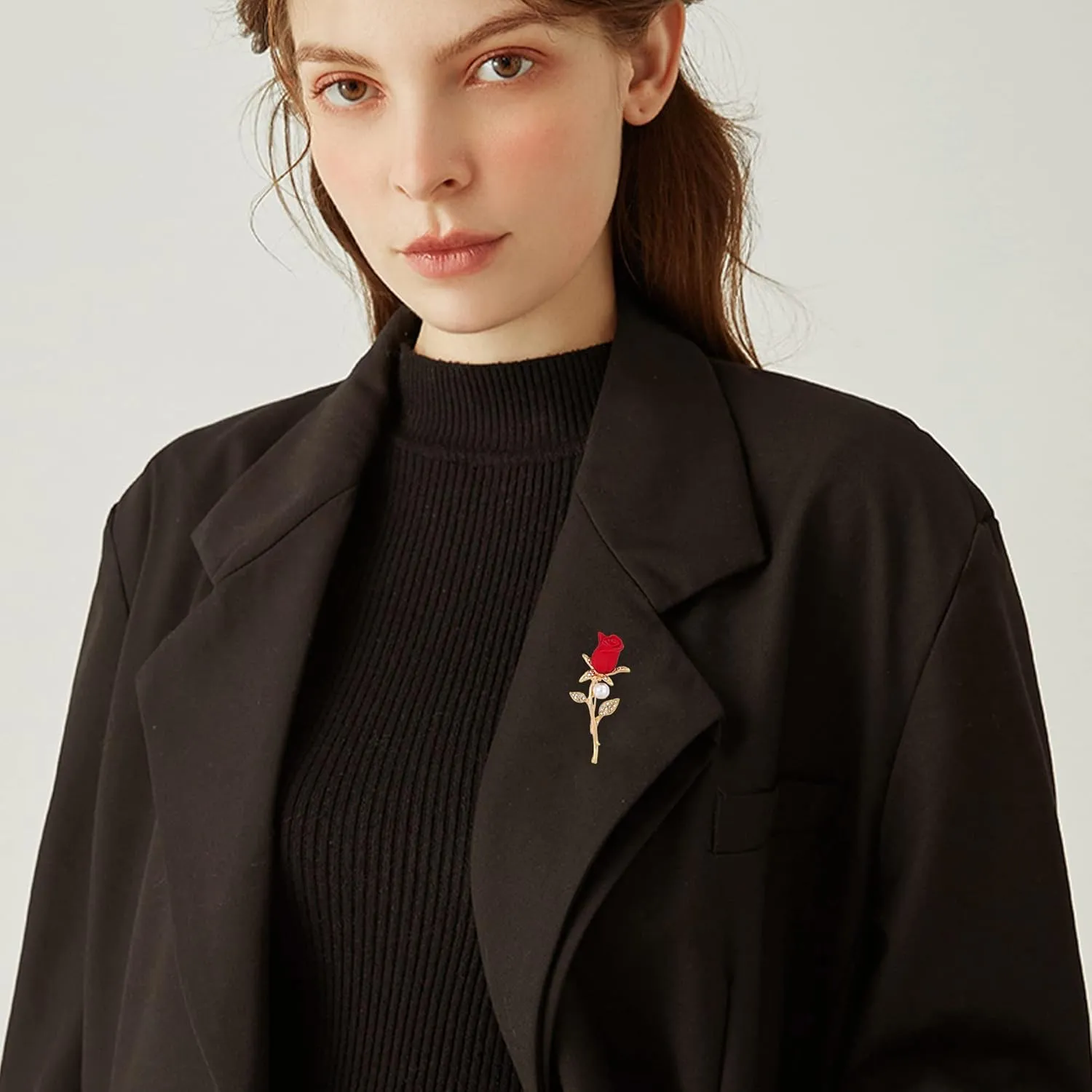 Red Rose Floral Brooch Pin Gold Plated Flower Decorative Garment Dress Jewelry for Women Cocktail Party Accessory Brooches Pin