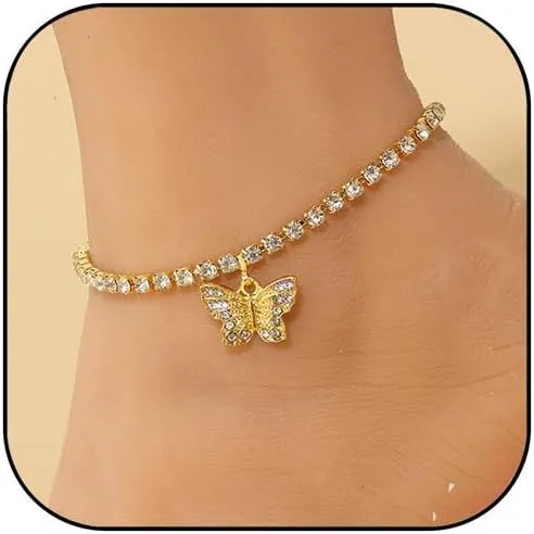 Rhinestone Butterfly Anklet for Women Charm Butterfly Anklets Gold Silver Rhinestone Cuban Anklets Hip Hop Bulk Adjustable Chain Anklet Crystal Sparking Beach Anklets for Summer Beach