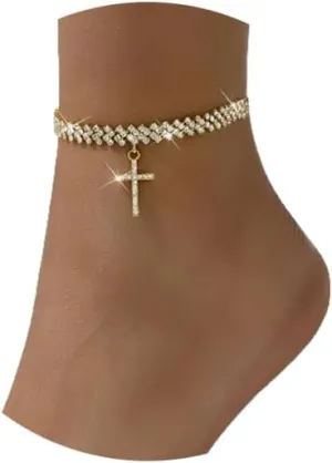 Rhinestone Chain Anklet Bracelet,Silver Crystal Cross Pendant Anklets,Summer Beach Gold Foot Chain,Crystal Bracelet,Rhinestone Leg Bracelet Jewelry