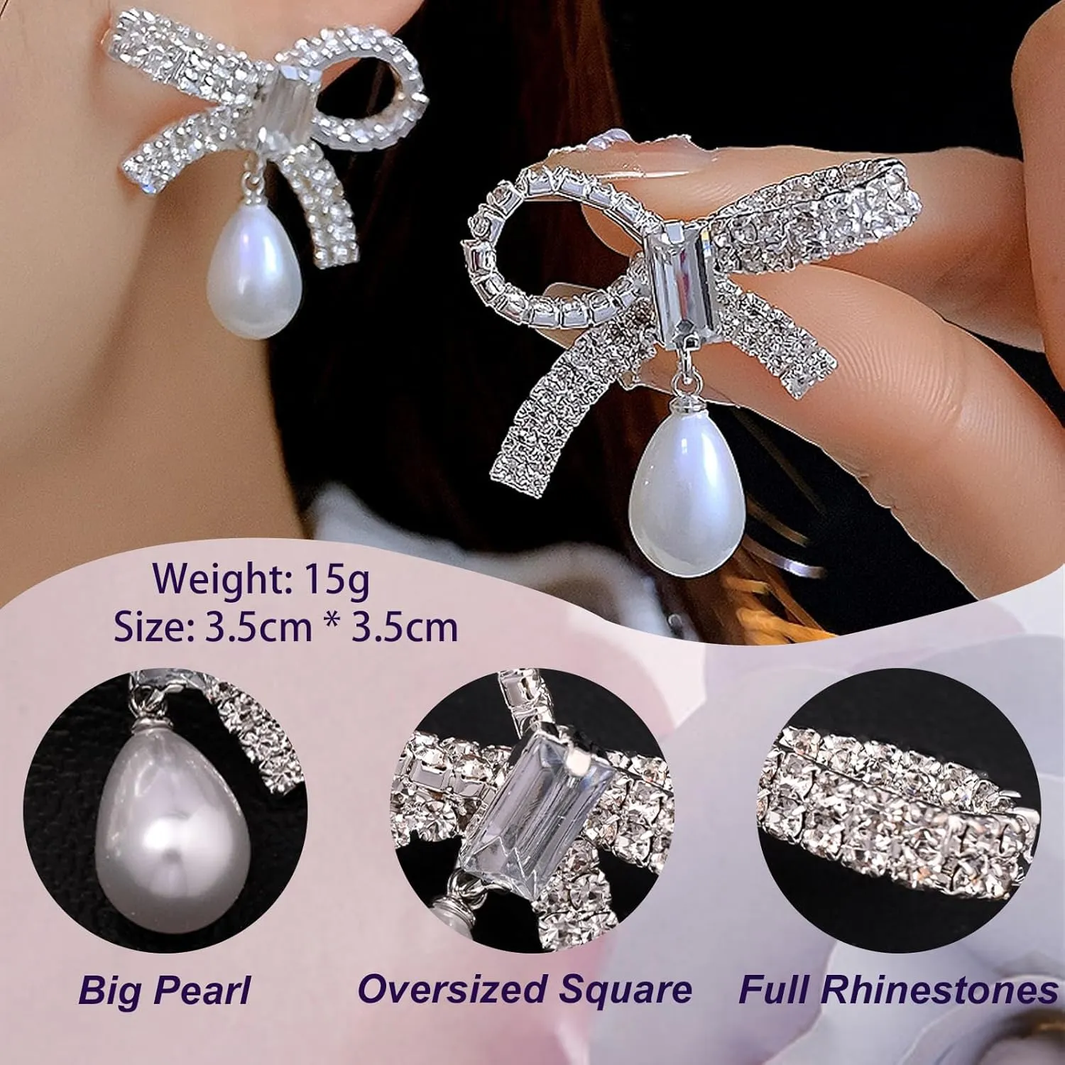 Rhinestone Pearl Bow Earrings for Women Dangly Statement Hypoallergenic Pearl Drop Earrings Wedding Jewelry Brides Gifts