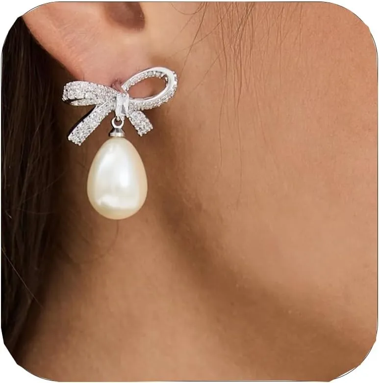 Rhinestone Pearl Bow Earrings for Women Dangly Statement Hypoallergenic Pearl Drop Earrings Wedding Jewelry Brides Gifts