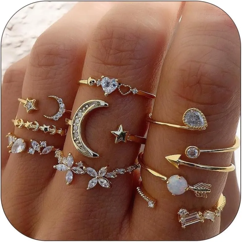 Rings Gifts Trendy Stuff for Women Stackable Rings Rhinestone Moon Star Stacking Rings Set Gold Silver Rings for Women Non Tarnish Rhinestone Gold Plated Miidi Pinky Thumb Rings Jewelry Stocking Stuffers