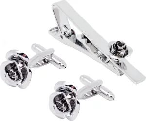 Rose Flower Cufflinks and Tie Pin Set Regular Necktie Tie Clip Tie Bar Men Cufflinks for Wedding Business Shirt Tie