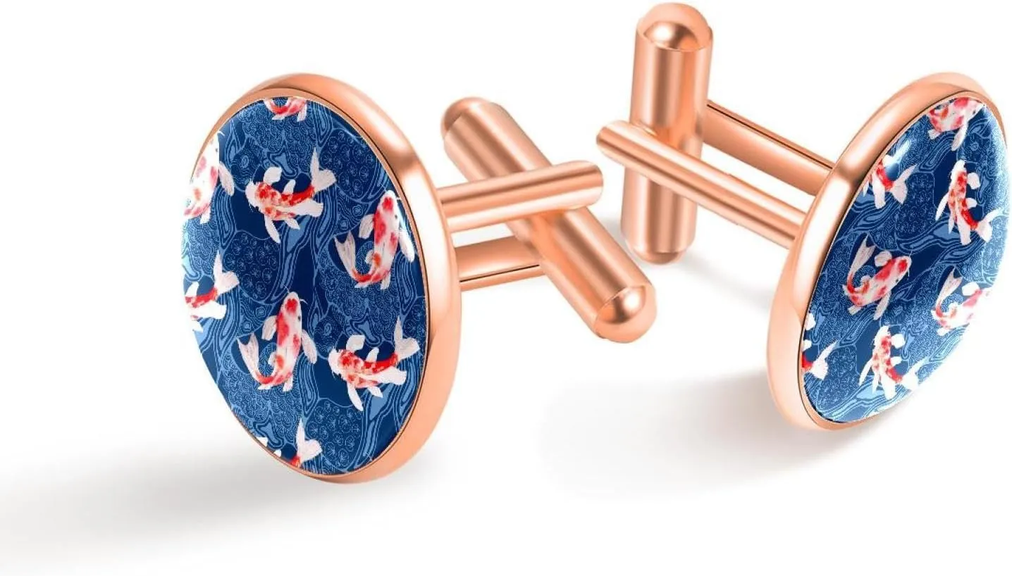 Rose Gold Cufflinks for Men, Jewelry Cuff Links Suit Shirt Business Wedding with Gift Box - Koi Fish with Waves