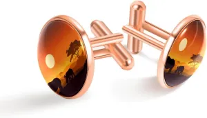 Rose Gold Cufflinks for Men, Jewelry Cuff Links Suit Shirt Business Wedding with Gift Box - Wild African Rhino Sunset Silhouette