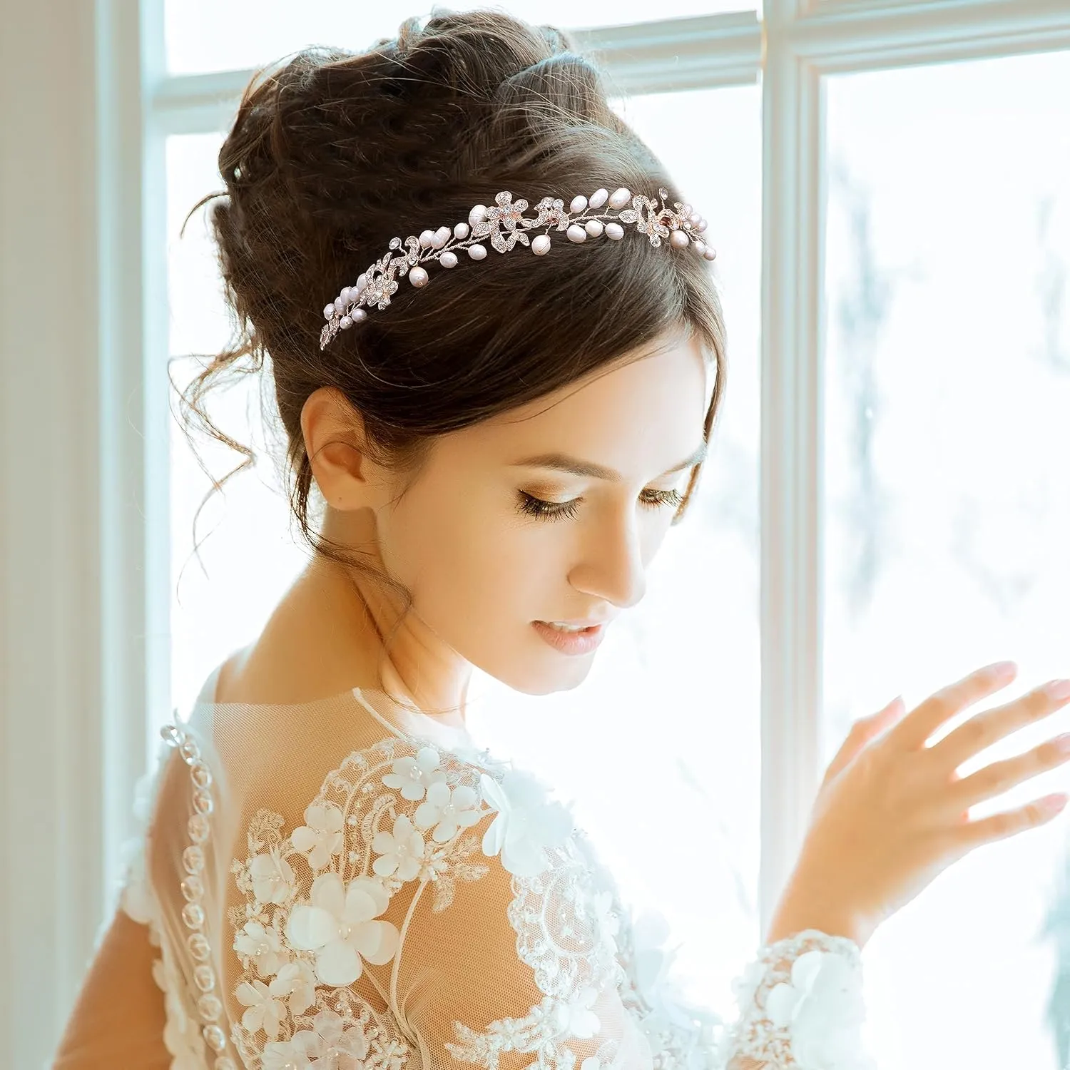Rose Gold Luxury Bridal Headbands With Genuine Freshwater Pearls Hair Vines Wedding Headpieces For Bride Bridesmaids Prom Hair Accessories With Ivory Ribbons