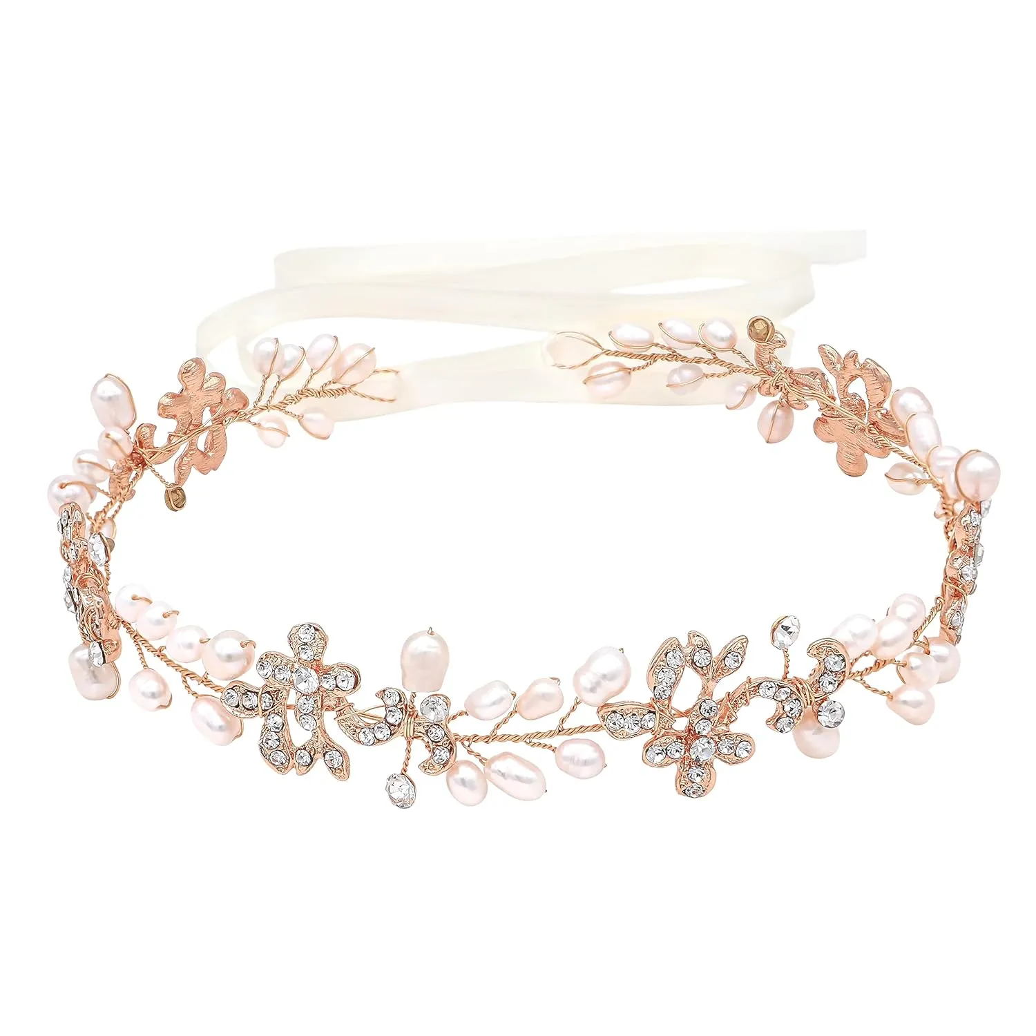 Rose Gold Luxury Bridal Headbands With Genuine Freshwater Pearls Hair Vines Wedding Headpieces For Bride Bridesmaids Prom Hair Accessories With Ivory Ribbons