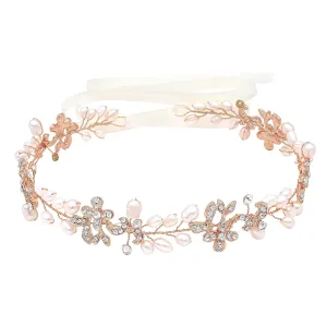 Rose Gold Luxury Bridal Headbands With Genuine Freshwater Pearls Hair Vines Wedding Headpieces For Bride Bridesmaids Prom Hair Accessories With Ivory Ribbons
