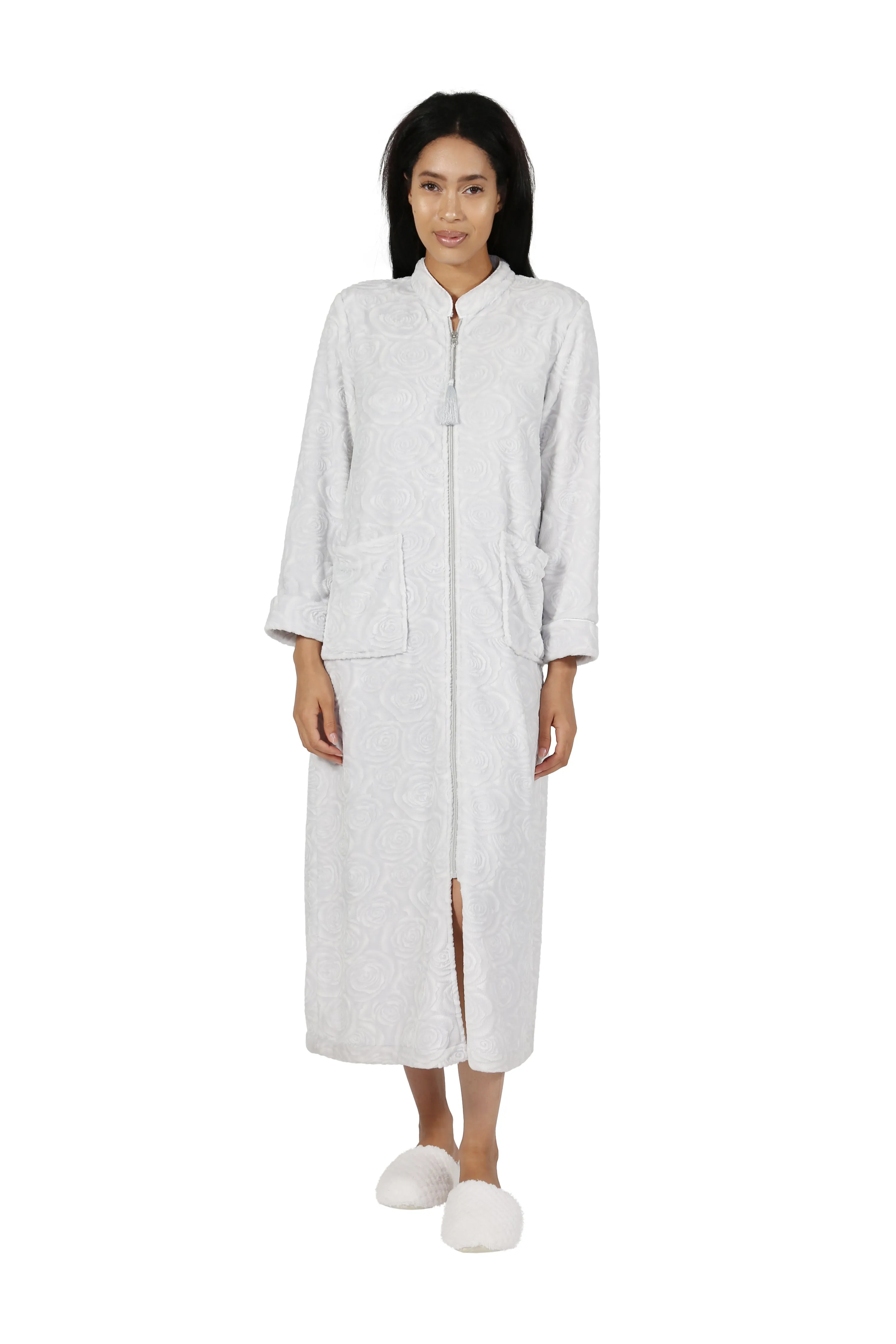 Rose Print Minky Zip Front Fleece Robe