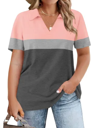 ROSRISS Plus-Size-Tops-for-Women Summer Loose Fit Short Sleeve Casual V Neck Polo Shirts Trendy Color Block Collared Tees