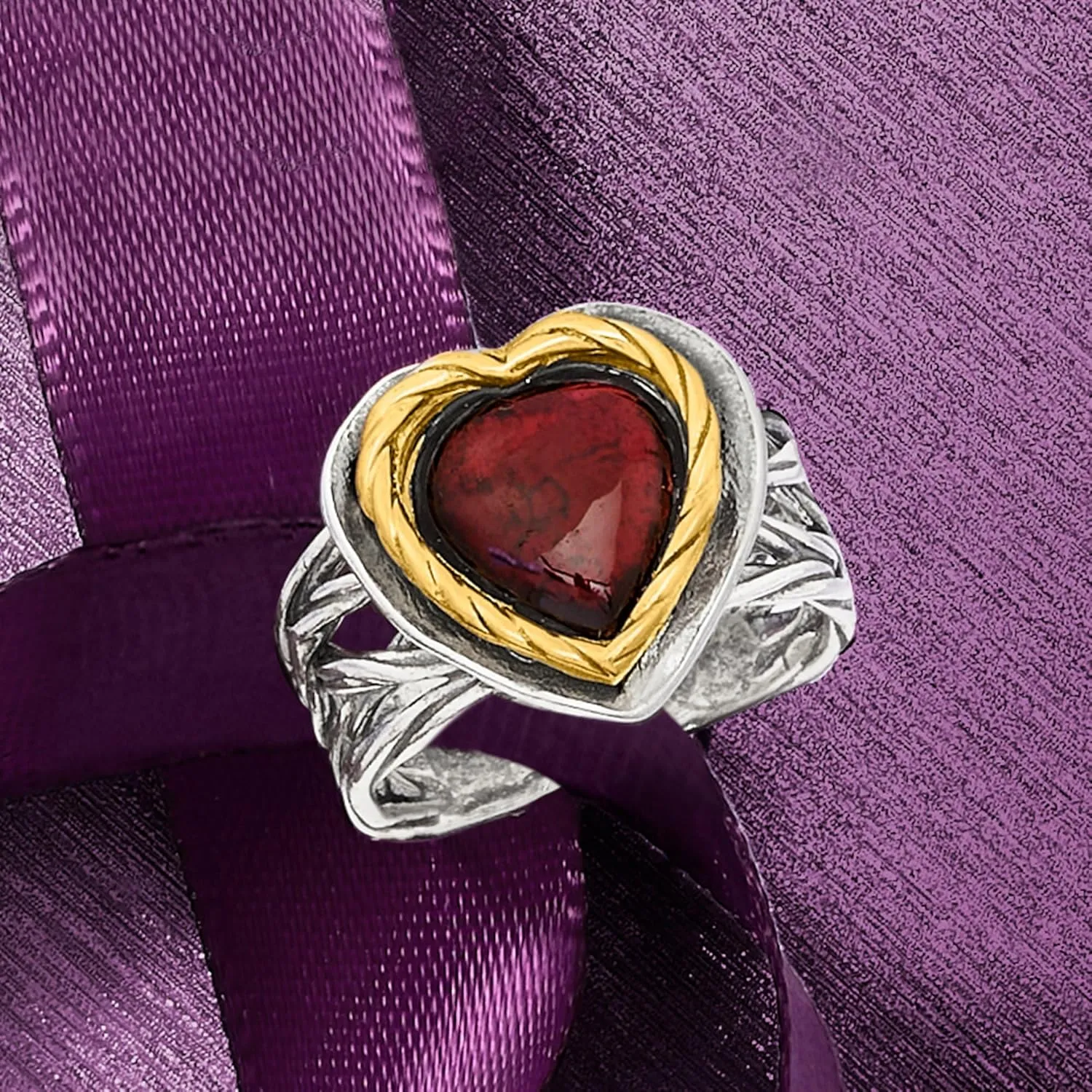 Ross-Simons 4.00 Carat Garnet Heart Ring in Sterling Silver and 14kt Yellow Gold