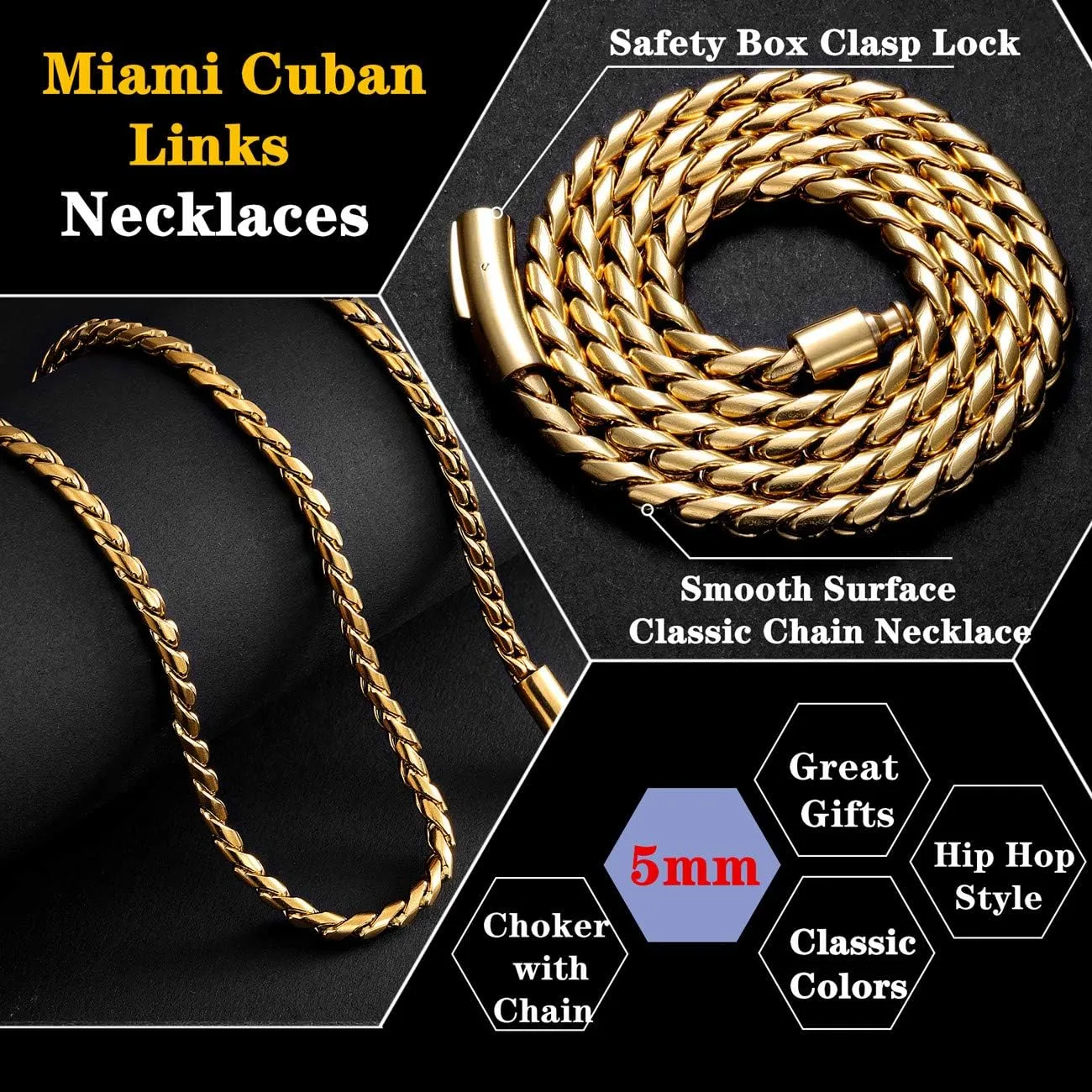 ROWIN&CO Men Women Necklace 18k Real Gold Plated Stainless Steel Twisted Rope Chain Choker Necklace, Hip hop Jewelry Miami Curb Links, 5mm, 18-30 Inch.