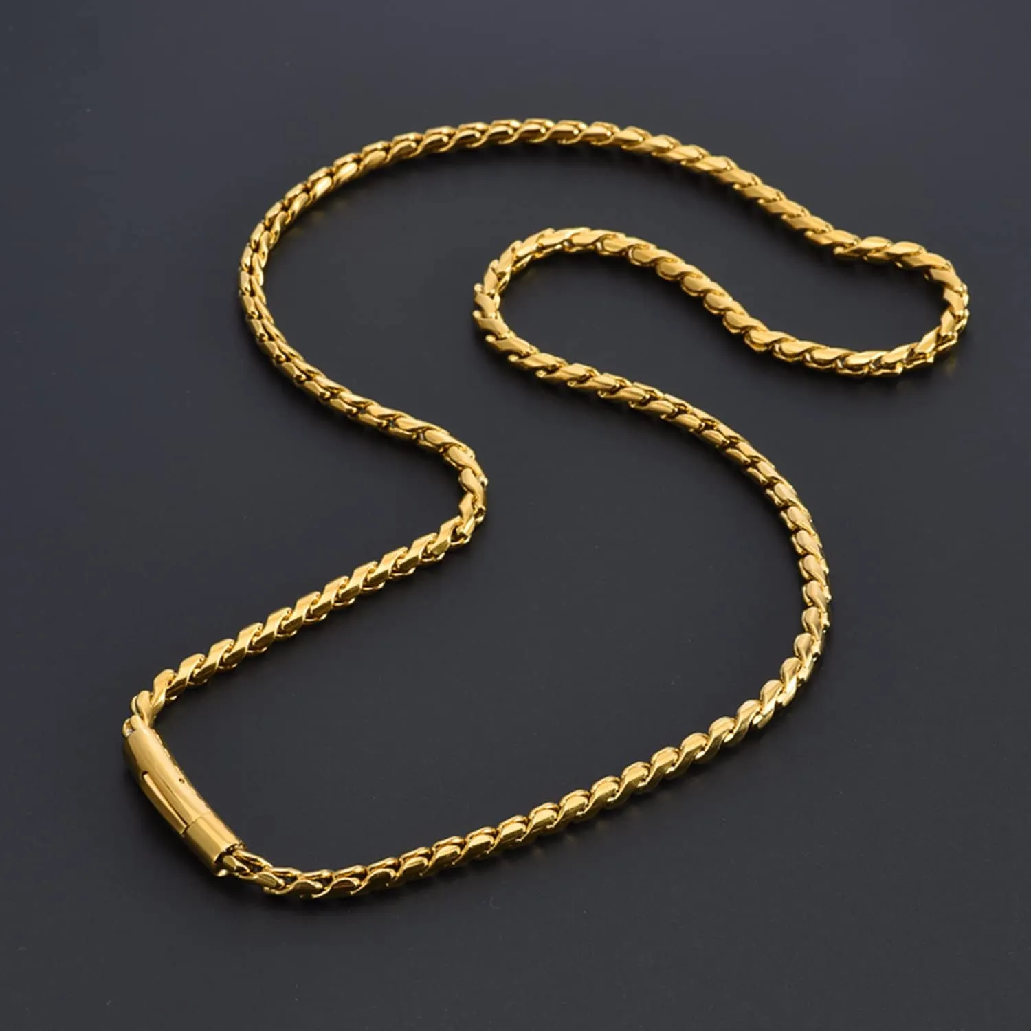 ROWIN&CO Men Women Necklace 18k Real Gold Plated Stainless Steel Twisted Rope Chain Choker Necklace, Hip hop Jewelry Miami Curb Links, 5mm, 18-30 Inch.