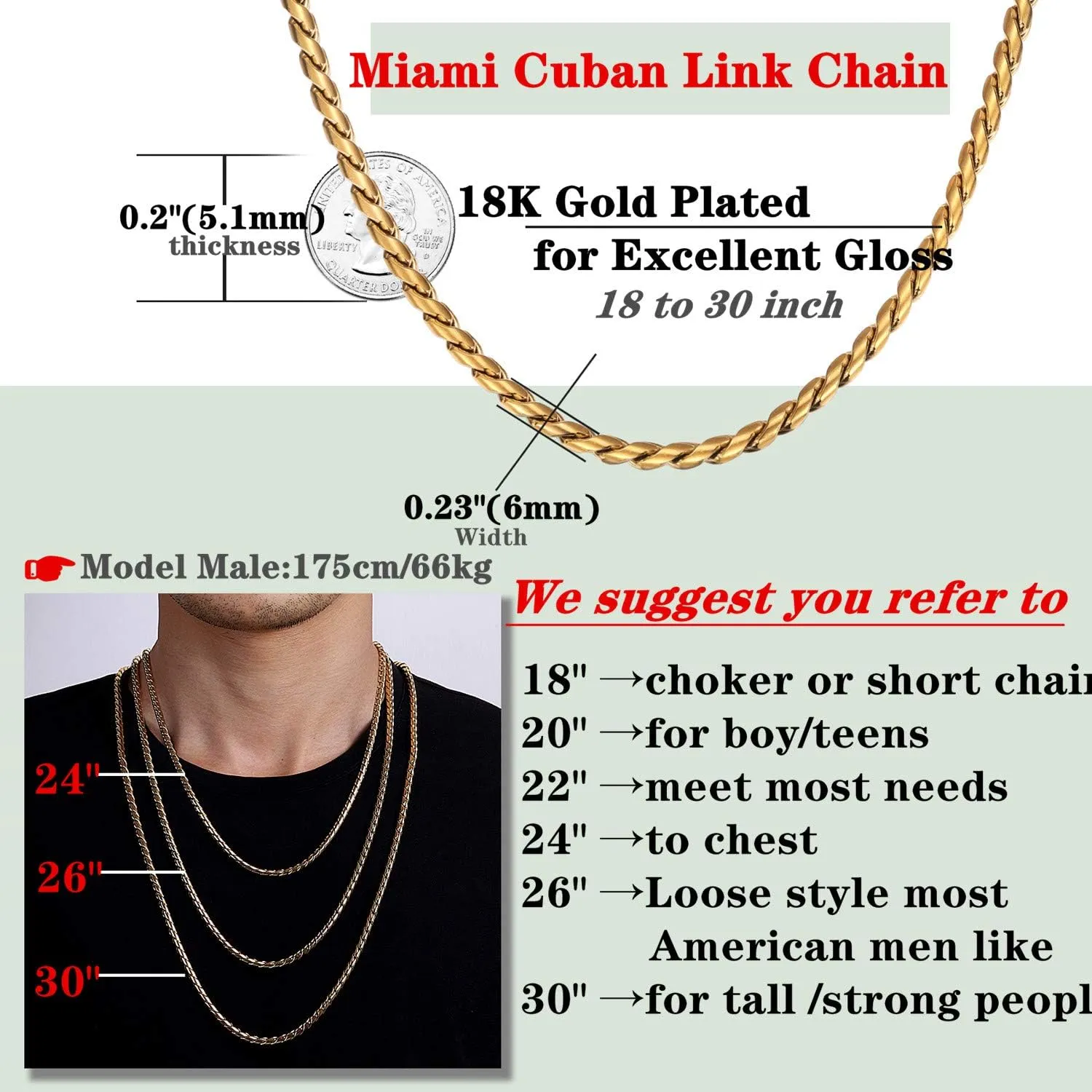ROWIN&CO Men Women Necklace 18k Real Gold Plated Stainless Steel Twisted Rope Chain Choker Necklace, Hip hop Jewelry Miami Curb Links, 5mm, 18-30 Inch.