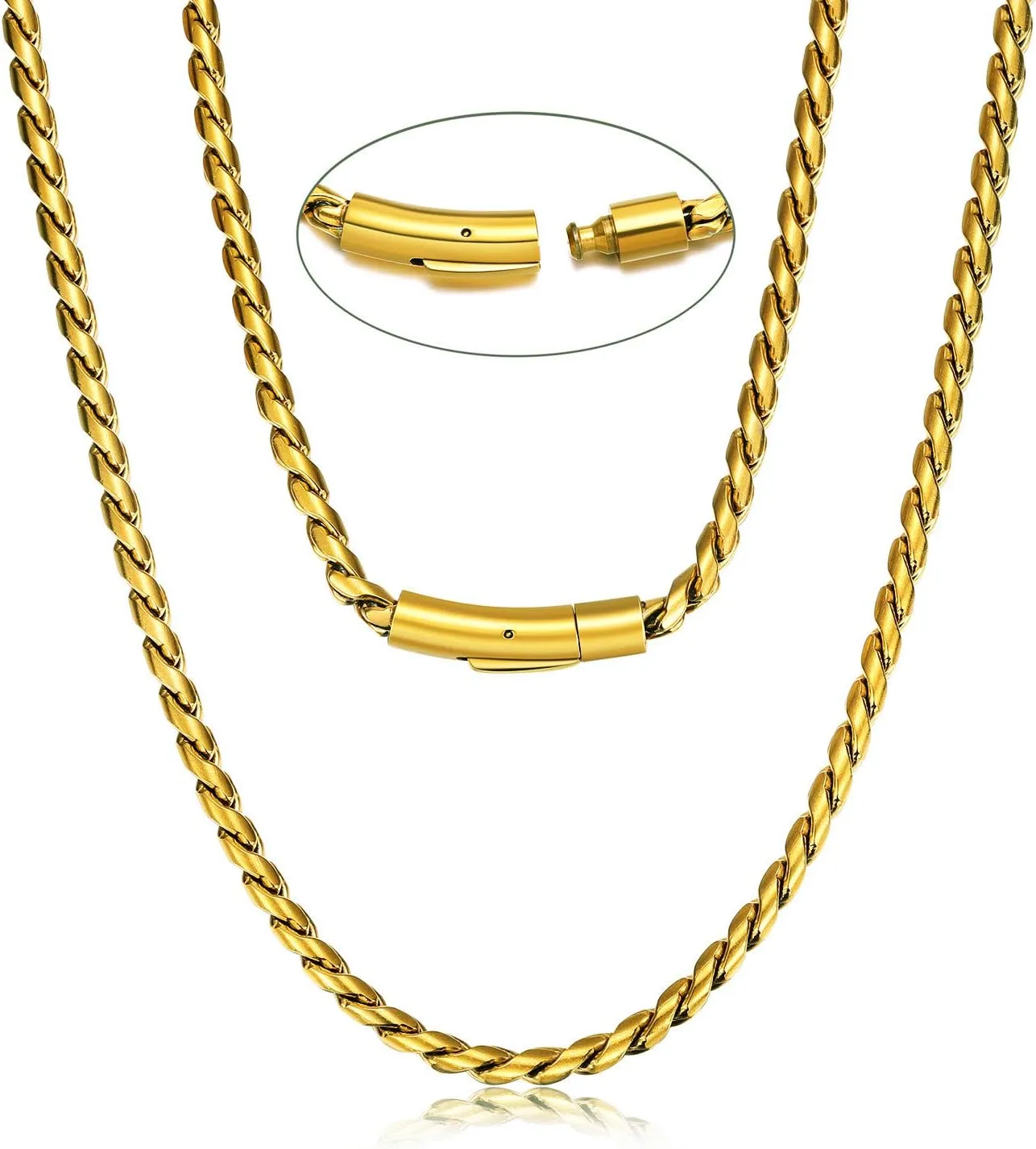 ROWIN&CO Men Women Necklace 18k Real Gold Plated Stainless Steel Twisted Rope Chain Choker Necklace, Hip hop Jewelry Miami Curb Links, 5mm, 18-30 Inch.
