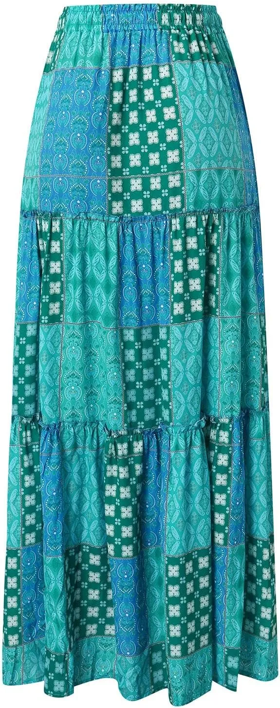 Rvidbe Women's Summer Casual Vacation Boho Maxi Skirt A-Line Flowy Ruffle Tiered Elastic High Waisted Floral Print Long Skirt