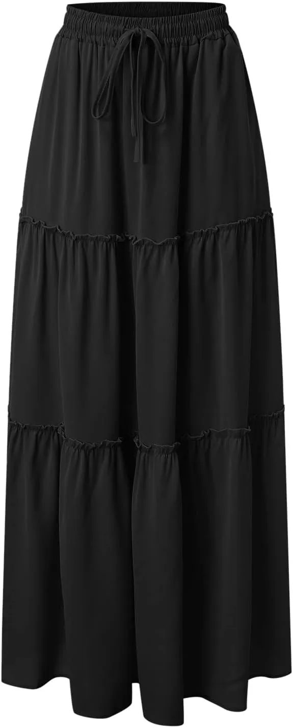 Rvidbe Women's Summer Casual Vacation Boho Maxi Skirt A-Line Flowy Ruffle Tiered Elastic High Waisted Floral Print Long Skirt