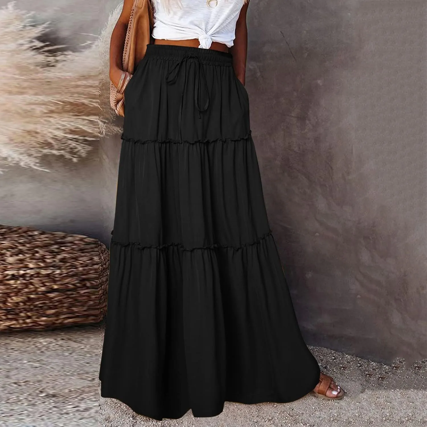 Rvidbe Women's Summer Casual Vacation Boho Maxi Skirt A-Line Flowy Ruffle Tiered Elastic High Waisted Floral Print Long Skirt