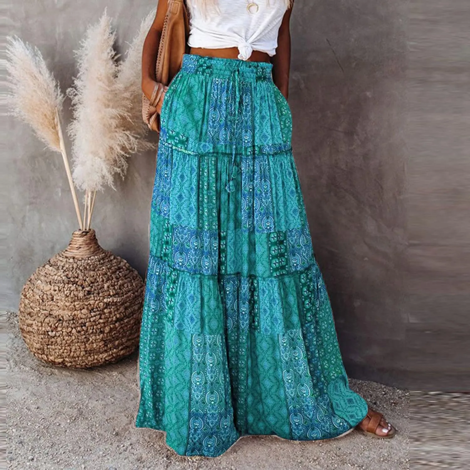 Rvidbe Women's Summer Casual Vacation Boho Maxi Skirt A-Line Flowy Ruffle Tiered Elastic High Waisted Floral Print Long Skirt
