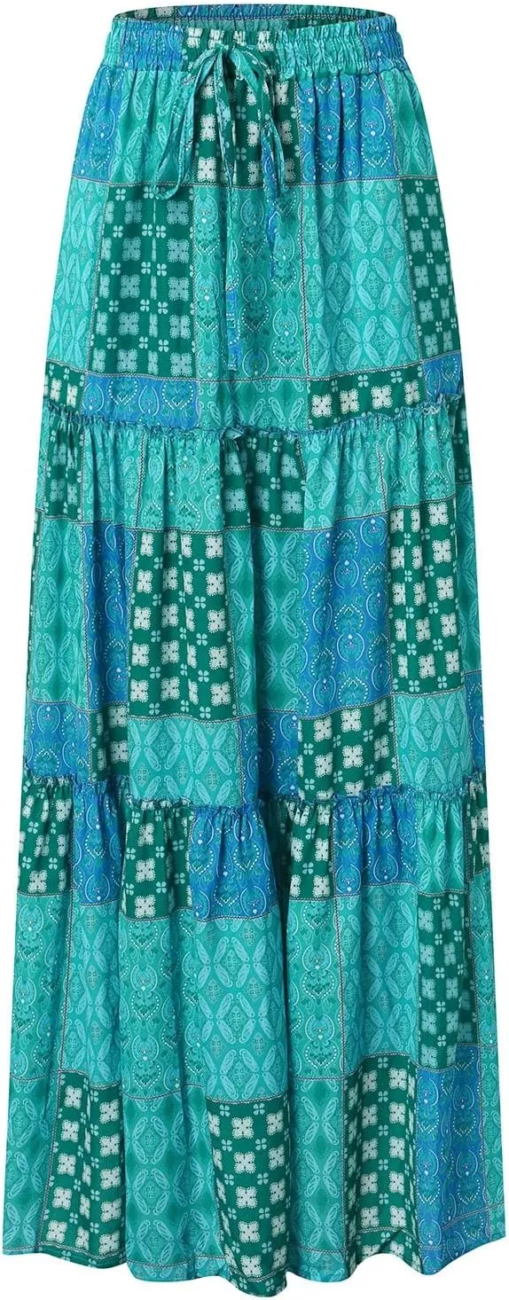 Rvidbe Women's Summer Casual Vacation Boho Maxi Skirt A-Line Flowy Ruffle Tiered Elastic High Waisted Floral Print Long Skirt