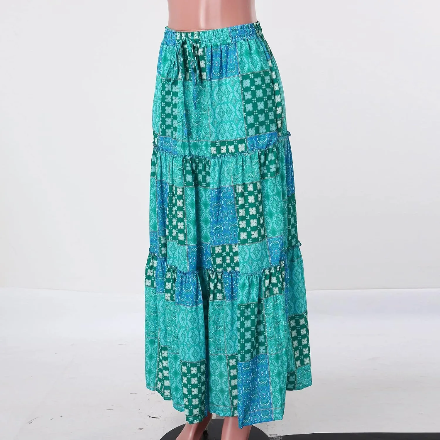 Rvidbe Women's Summer Casual Vacation Boho Maxi Skirt A-Line Flowy Ruffle Tiered Elastic High Waisted Floral Print Long Skirt