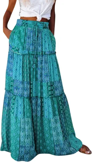 Rvidbe Women's Summer Casual Vacation Boho Maxi Skirt A-Line Flowy Ruffle Tiered Elastic High Waisted Floral Print Long Skirt