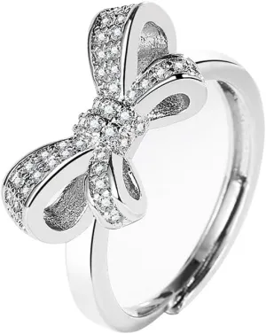 S925 Sterling Silver Rings for Women, Bowknot Shaped Adjustable Rings for Women Cubic Zirconia Bands Thumb Finger Ring,Unique Design Statement Ring for Women