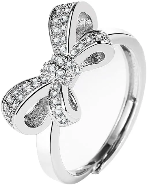 S925 Sterling Silver Rings for Women, Bowknot Shaped Adjustable Rings for Women Cubic Zirconia Bands Thumb Finger Ring,Unique Design Statement Ring for Women
