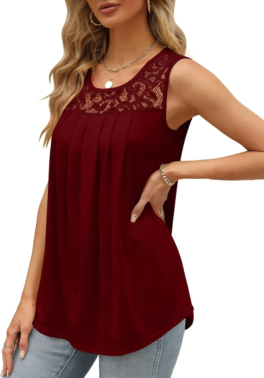 Saloogoe Summer Tank Tops for Women Loose Fit Pleated Tunics Scoop Neck Sleeveless Lace Tops Curved Hem Flowy